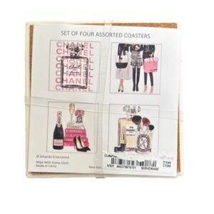 Set of 4 Coasters feature Kate Spade Chanel Hermes NWT Amanda Greenwood licensed